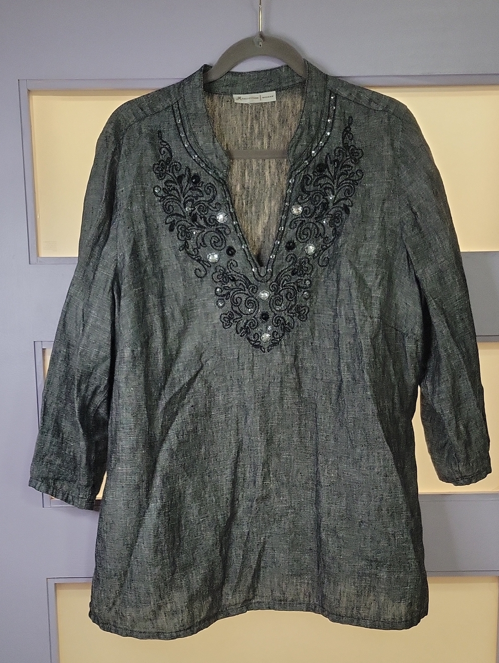 JM Collection Charcoal Embroidered V-Neck Tunic